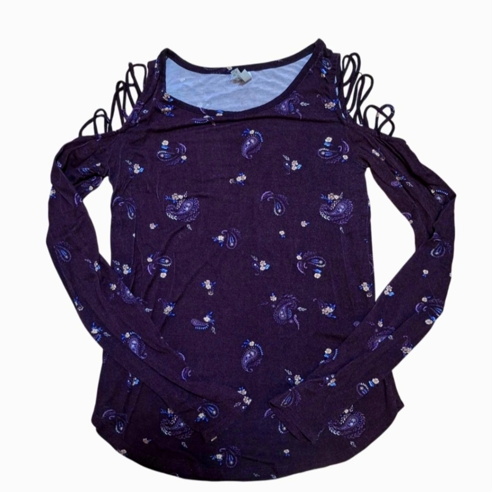 Mudd Purple Paisley Floral Lattice Long Sleeve Top Y2K Vintage Retro